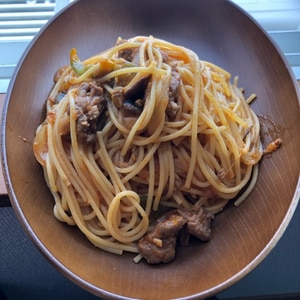 昼食に⭐ラム肉とケチャップのパスタ